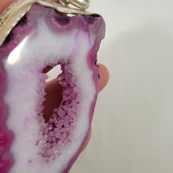 Handmade Silver Pendant – Pink Druzy Agate Slice + 20" Silver Snake Chain - Picture 8 of 10